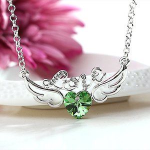 Hollow Style Green Swarovski Crystal Heart Wings Love Pendant 25" Long Necklace